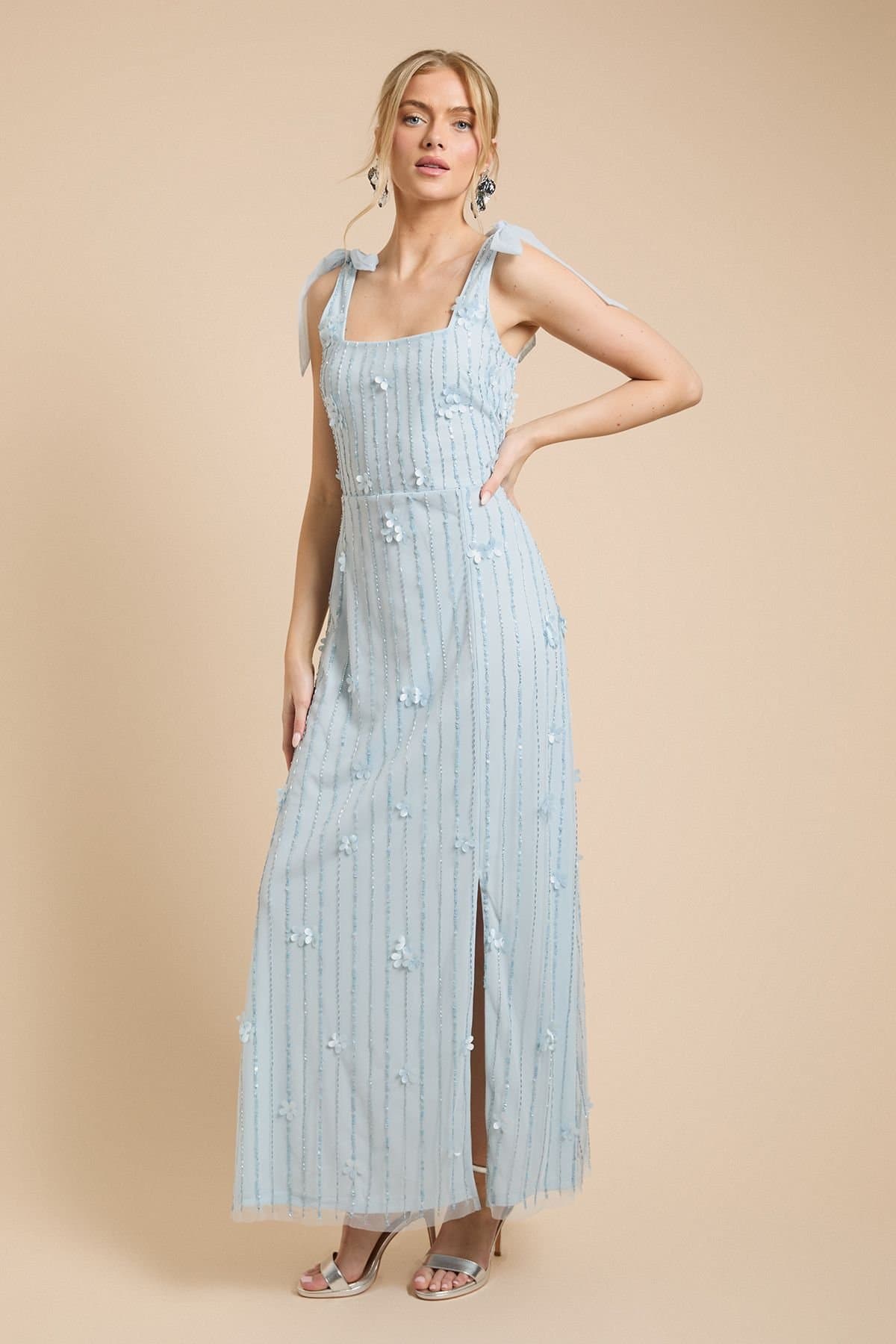Oasis Oasis Women's 3D Floral Linear Beadwork Tie Shoulder Dress in Dusty Blue