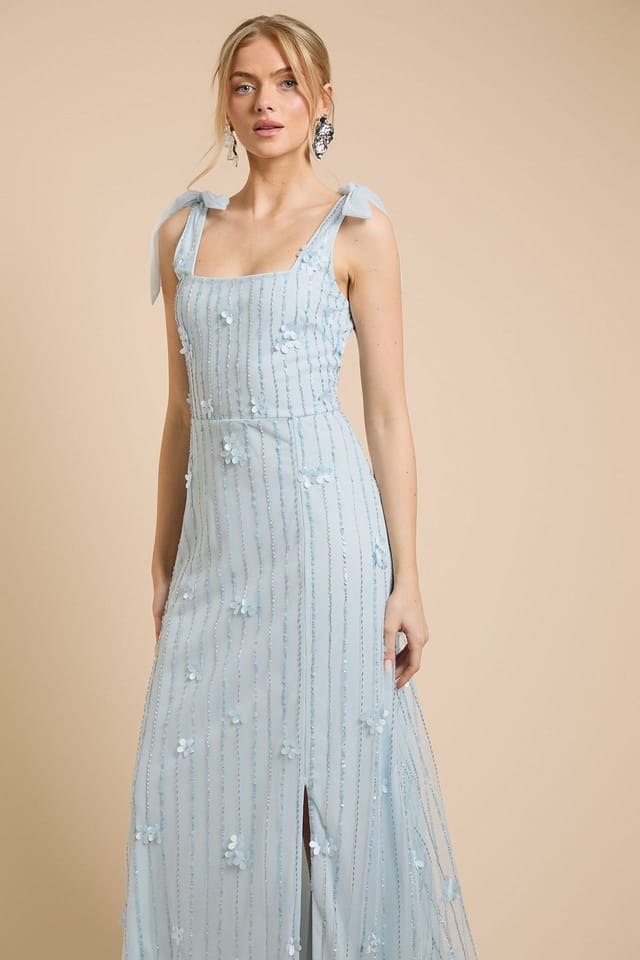 Oasis Oasis Women's 3D Floral Linear Beadwork Tie Shoulder Dress in Dusty Blue - 2