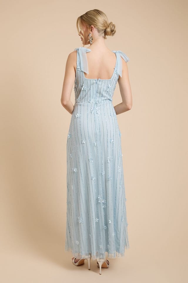 Oasis Oasis Women's 3D Floral Linear Beadwork Tie Shoulder Dress in Dusty Blue - 3