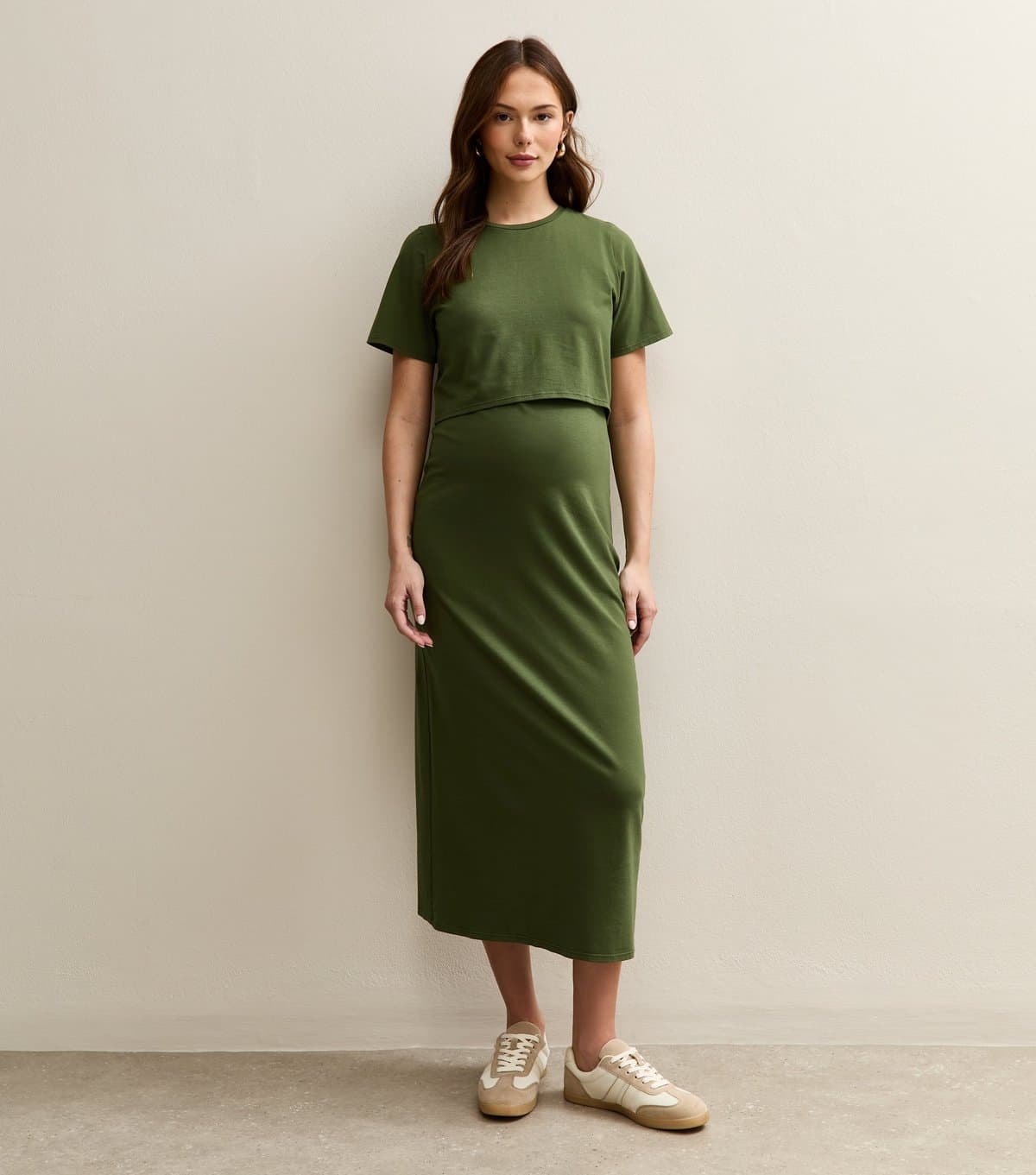 New Look Women's Maternity Dark Khaki Layered Crew Neck Nursing Midi Dress New Look