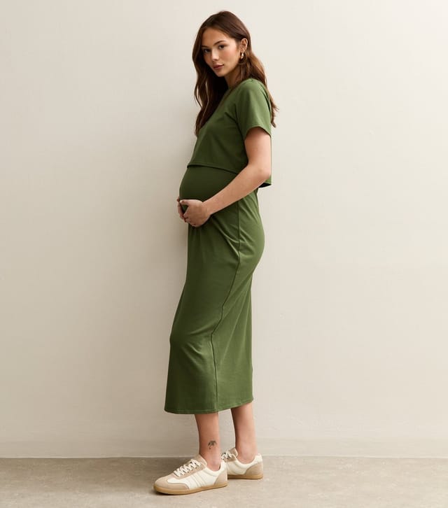 New Look Women's Maternity Dark Khaki Layered Crew Neck Nursing Midi Dress New Look - 3