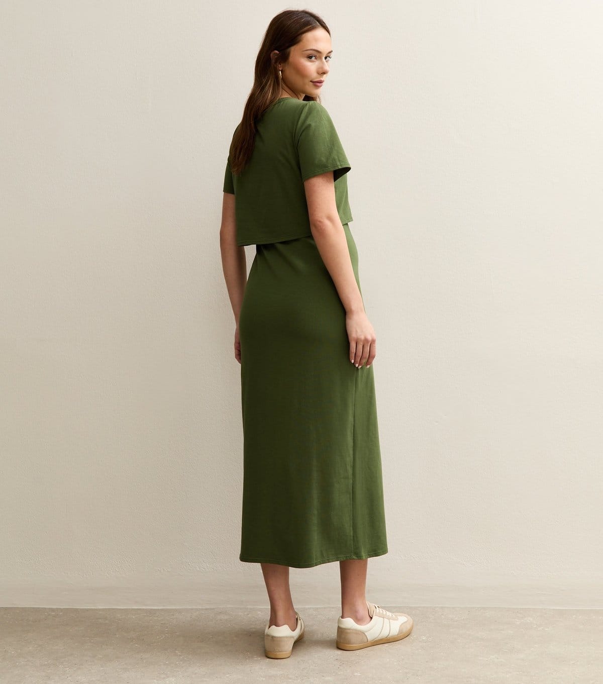 New Look Women's Maternity Dark Khaki Layered Crew Neck Nursing Midi Dress New Look - 4