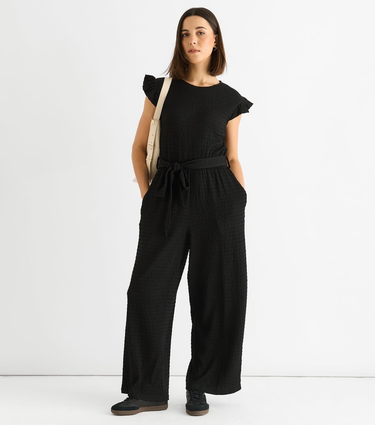 Gini London Women's Black Stretch Texture Frill Jumpsuit Gini London New Look