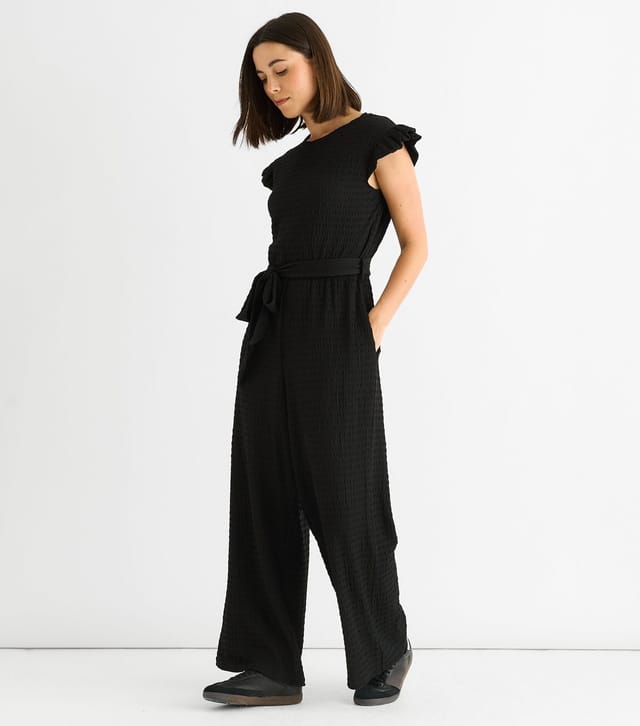 Gini London Women's Black Stretch Texture Frill Jumpsuit Gini London New Look - 3