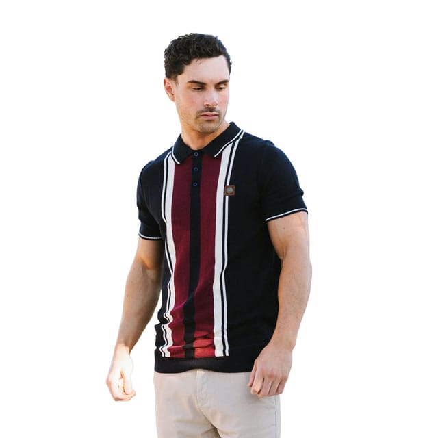 Lambretta Lambretta Men's Gr Striped Knitted Short-Sleeved Polo Shirt in Navy - 3