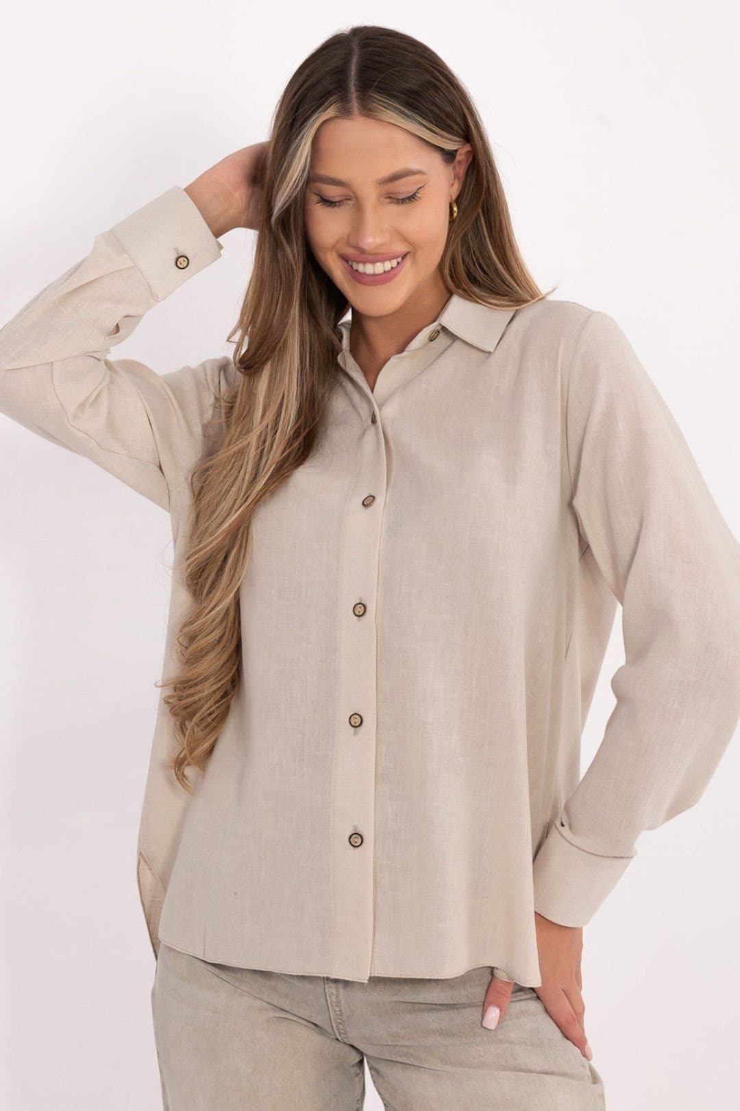 Love Lace Love Lace Women's Classic Cotton Long Sleeve Shirt Ext Back in Beige