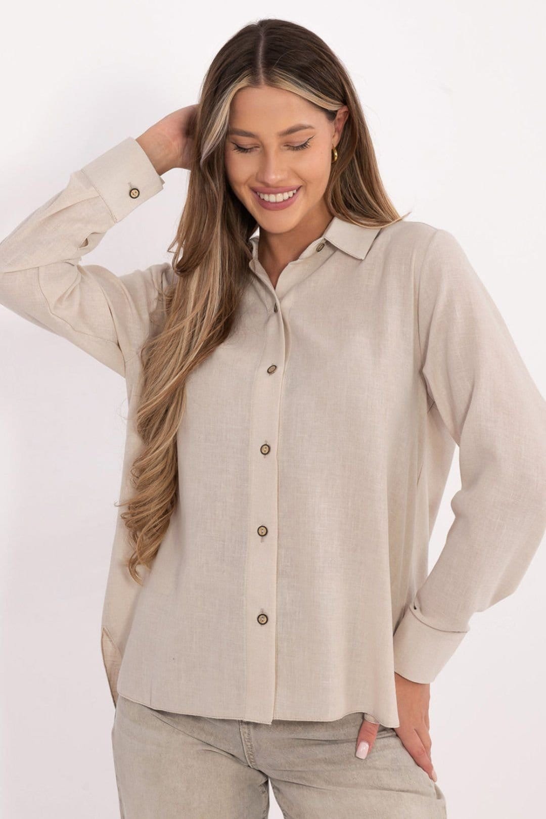 Love Lace Beige Cotton Long Sleeve Shirt with Extended Back