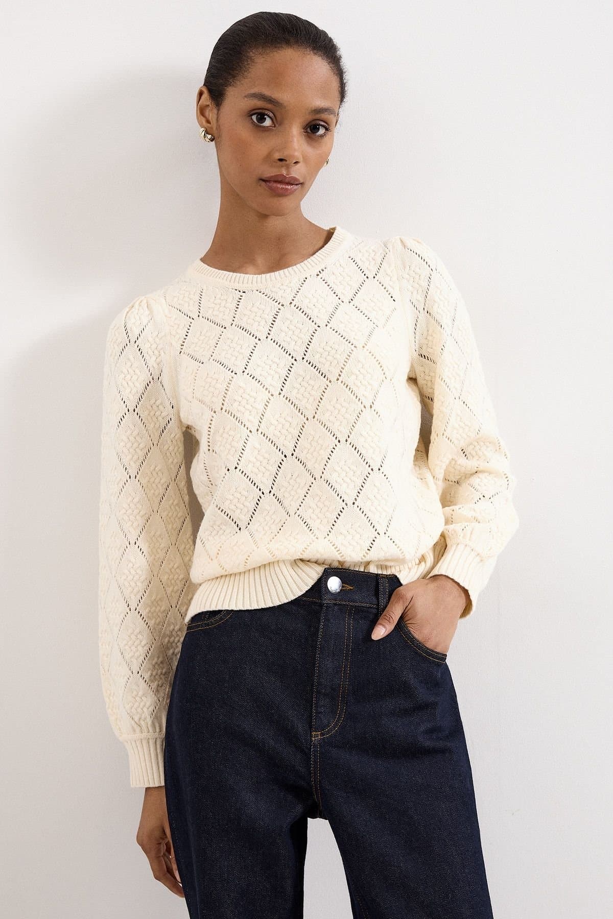Phase Eight Phase Eight Women's Fern Diamond Pointelle Wool Blend Jumper in Warm White