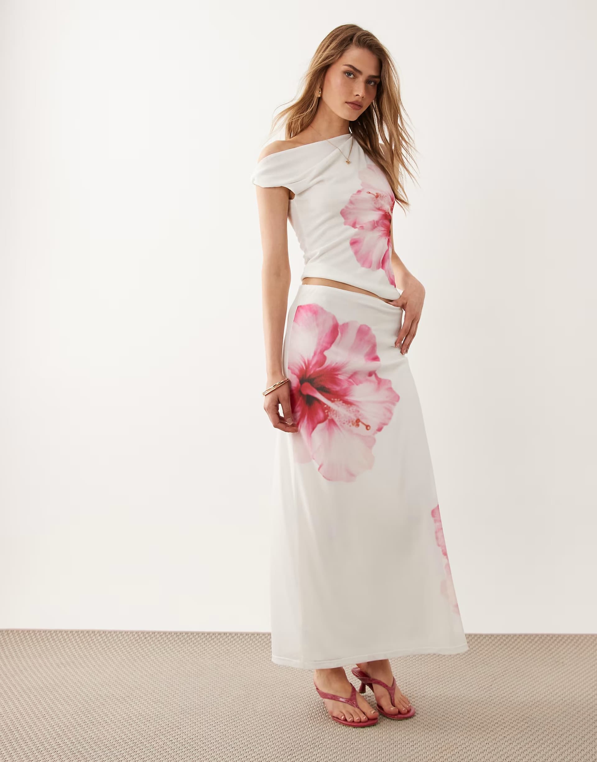 ASOS River Island mesh floral print maxi skirt in white