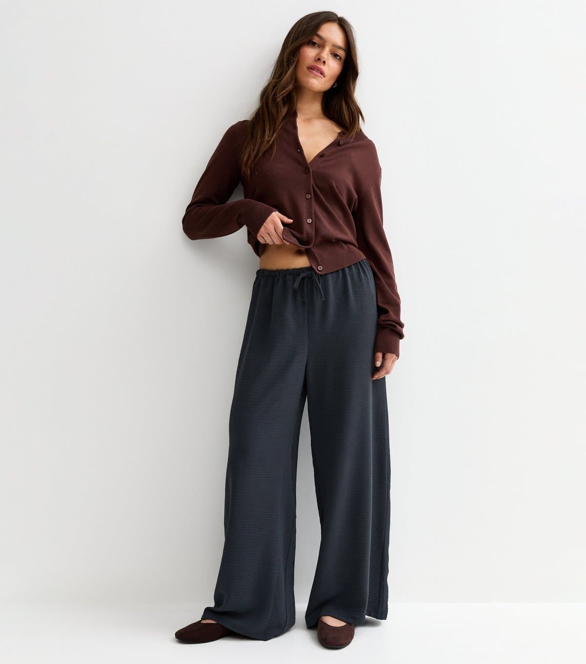 New Look Women's Petite Navy Drawstring Waist Wide Leg Trousers New Look
