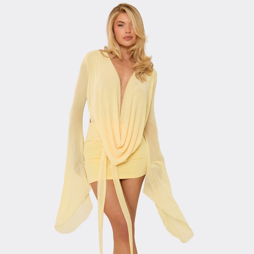 EGO Exaggerated Sleeve Cowl Neck Open Tie Back Detail Mini Dress In Lemon, Women's Size UK L - 1