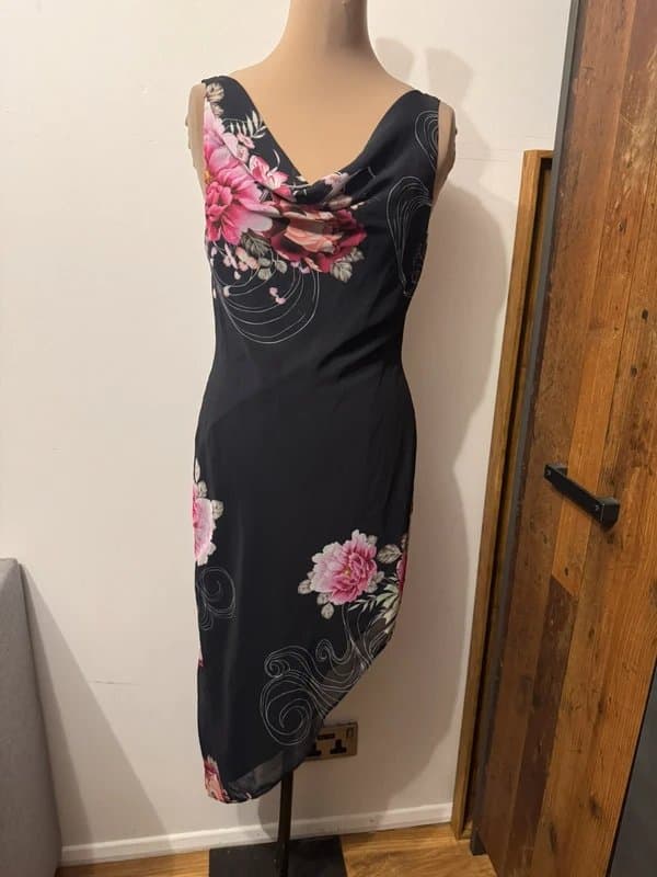 ASOS Design black pink cowl neck asymmetrical midi dress cocktail size 10