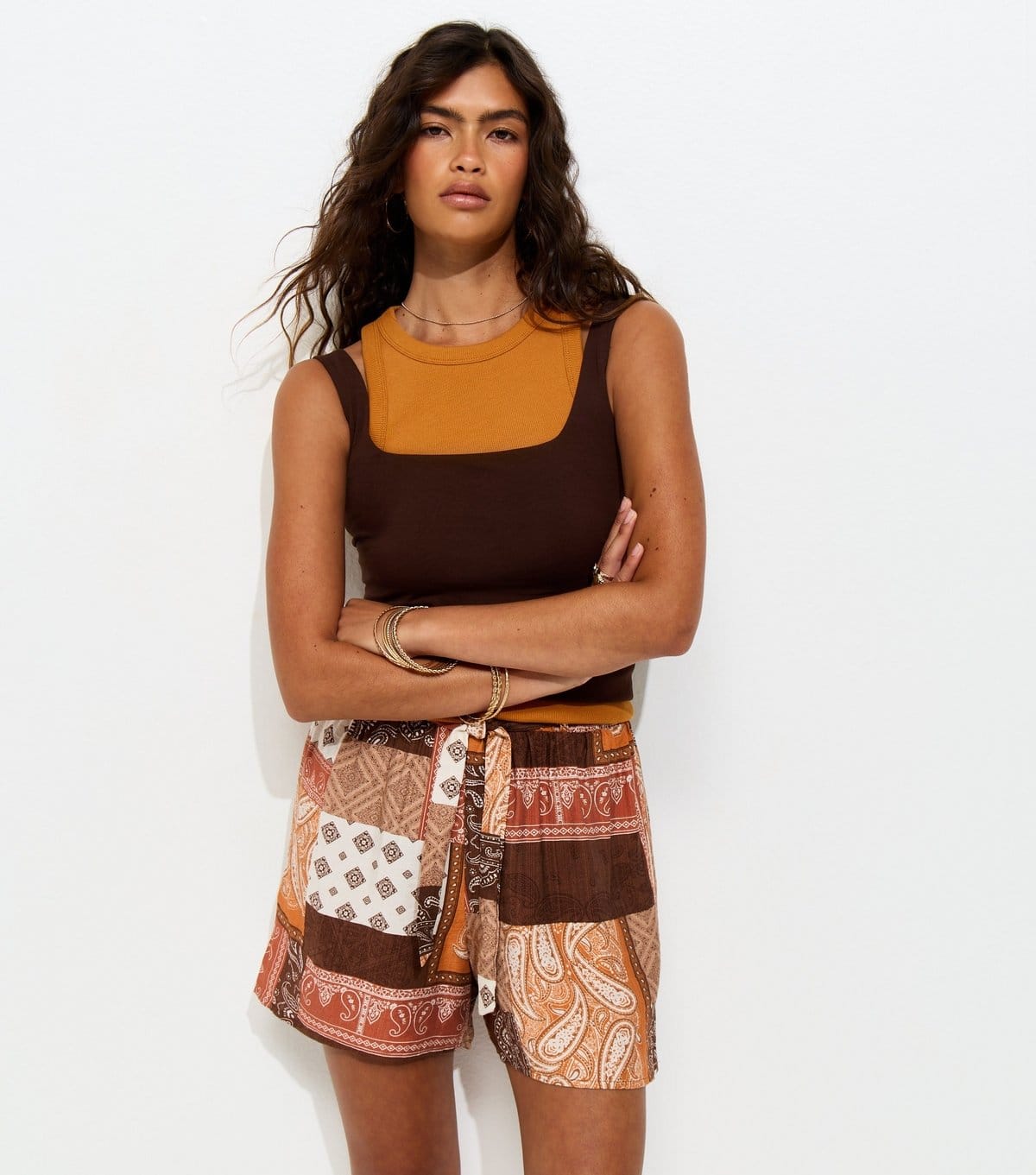 Women's Brown Patchwork Tie Shorts New Look