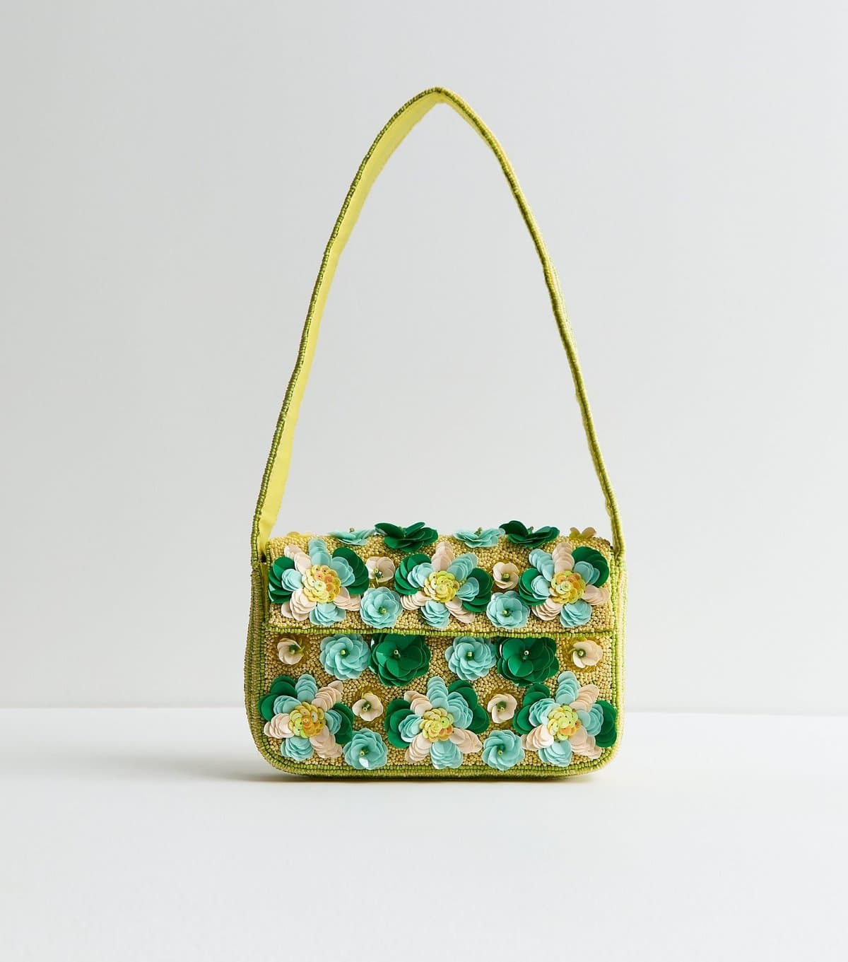New Look Green Beaded Sequin Flower Shoulder Bag New Look