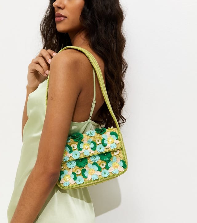 New Look Green Beaded Sequin Flower Shoulder Bag New Look - 2