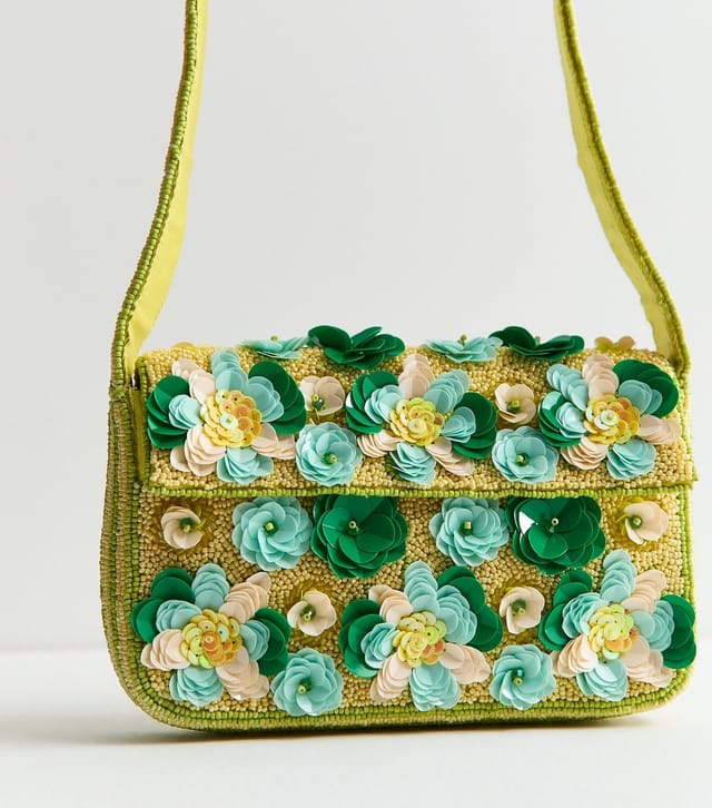 New Look Green Beaded Sequin Flower Shoulder Bag New Look - 3