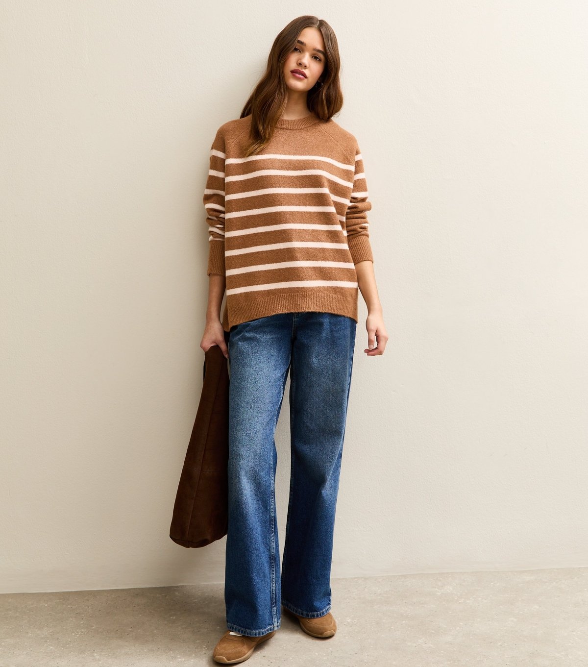 New Look Women's Light Brown Striped Raglan Sleeves Oversized Jumper New Look - 3