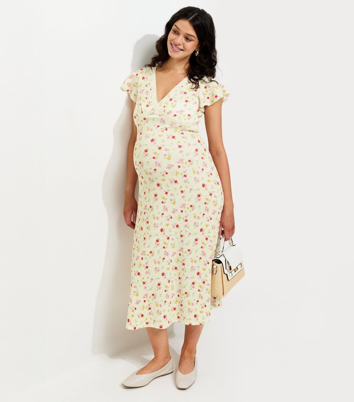 New Look Women's Maternity Cream Floral Flutter Sleeve Lace Trim Midi Dress New Look