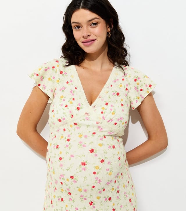 New Look Women's Maternity Cream Floral Flutter Sleeve Lace Trim Midi Dress New Look - 2