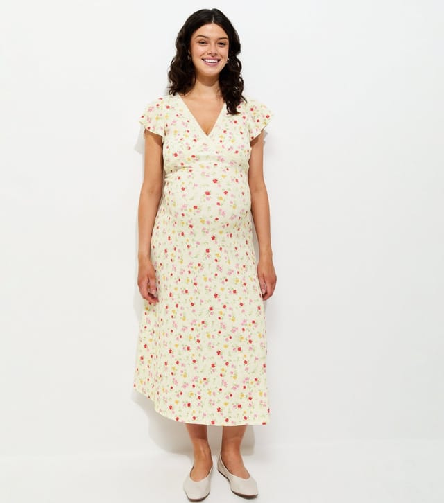 New Look Women's Maternity Cream Floral Flutter Sleeve Lace Trim Midi Dress New Look - 3