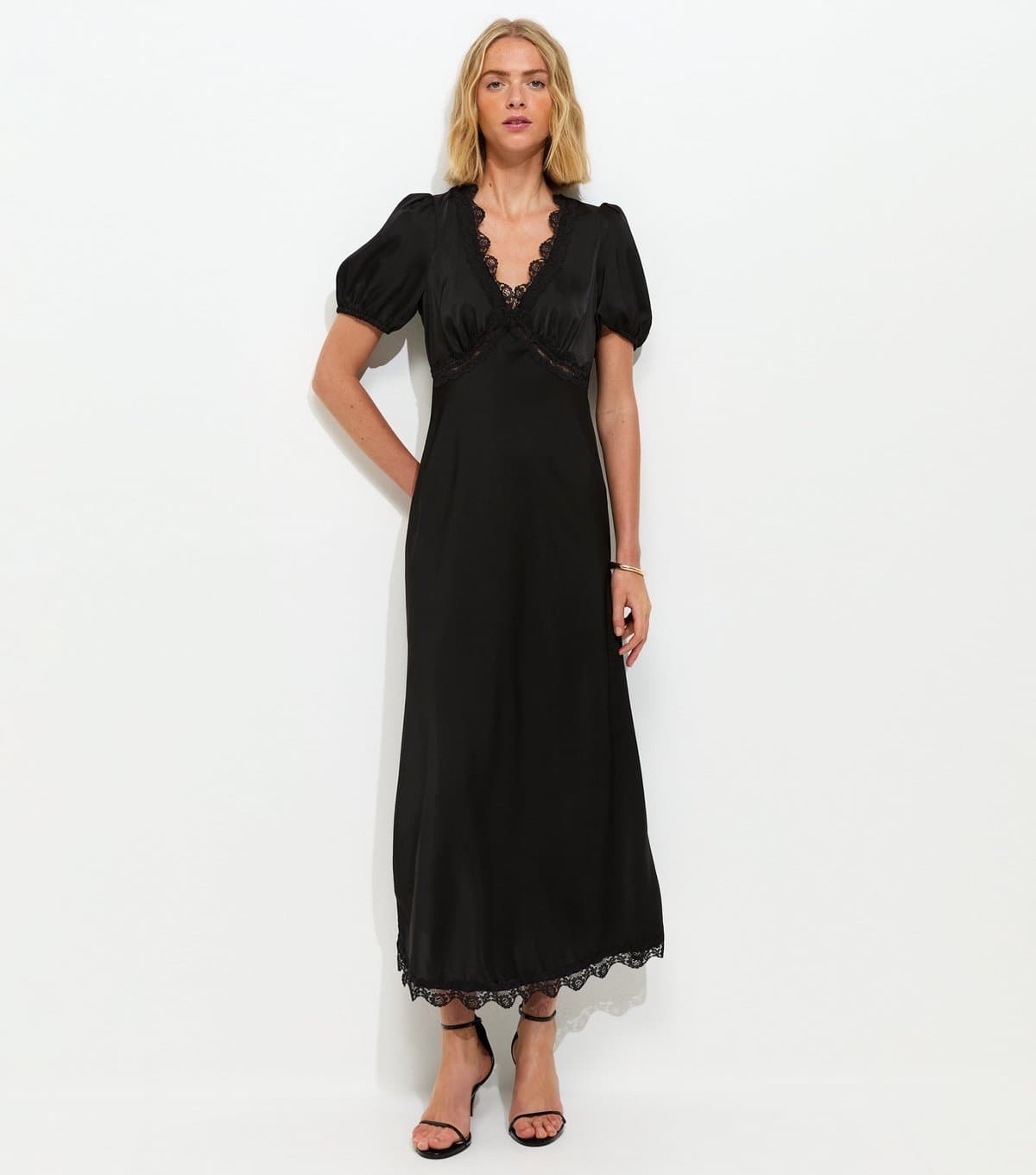 New Look Women's Black Satin Lace Trim Tea Midi Dress New Look