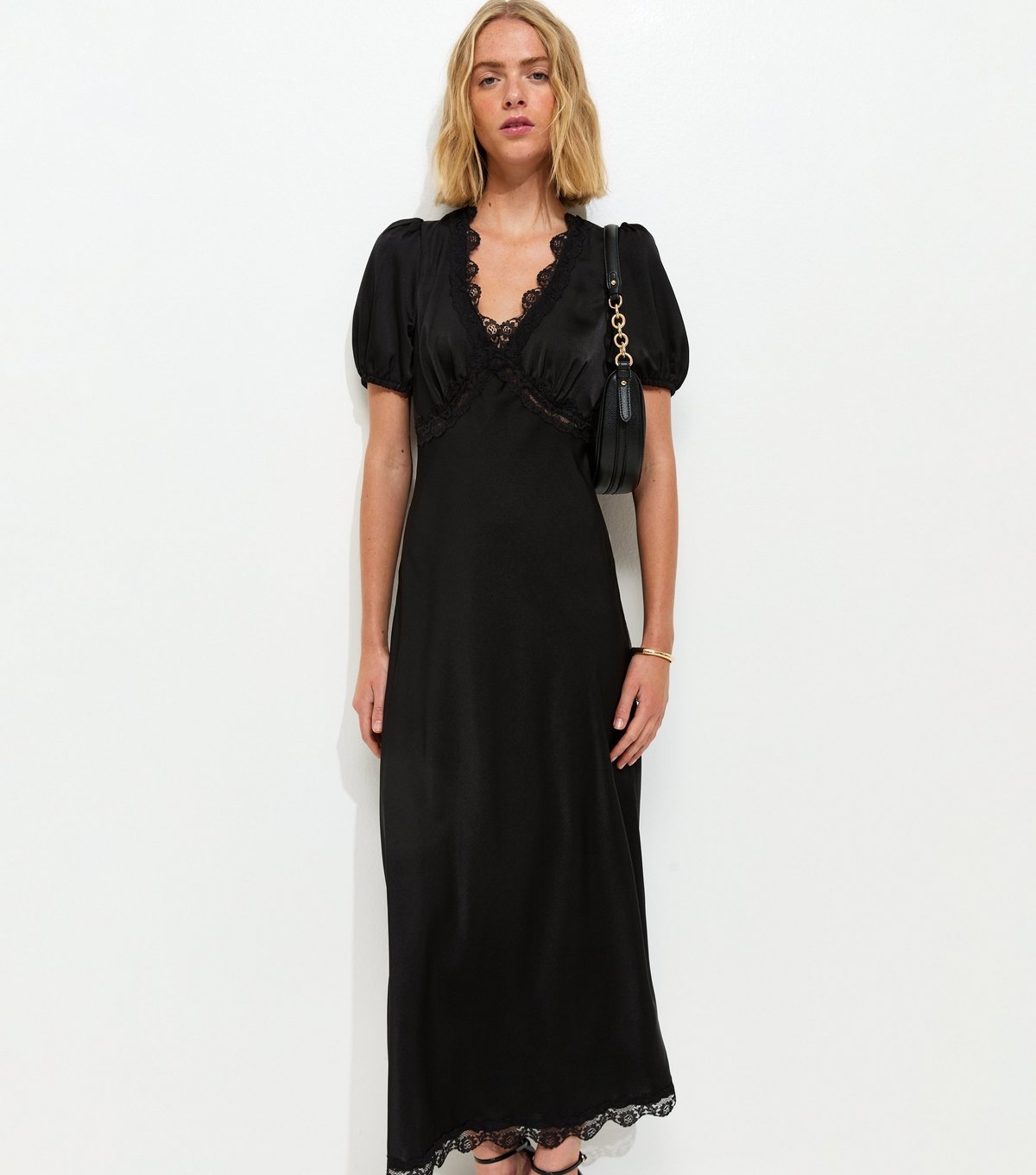 New Look Women's Black Satin Lace Trim Tea Midi Dress New Look - 3