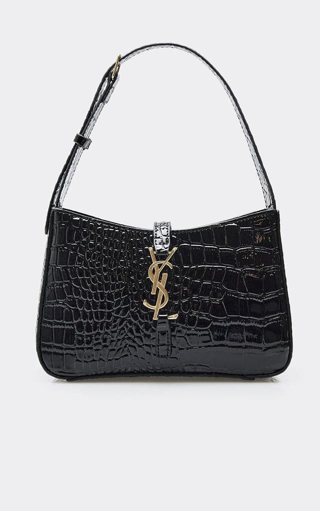 EGO Moana Logo Detail Rectangle Shaped Shoulder Bag In Black Croc Print Patent, Women's Size UK 0 - 2