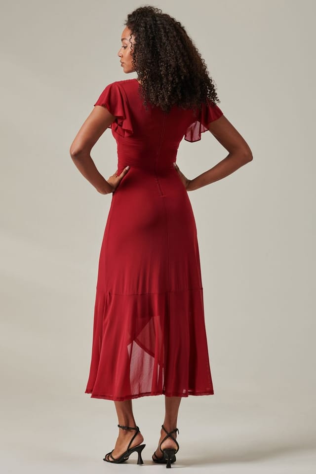 Jolie Moi Jolie Moi Women's Plain Wrap Mesh Maxi Dress in Burgundy - 2