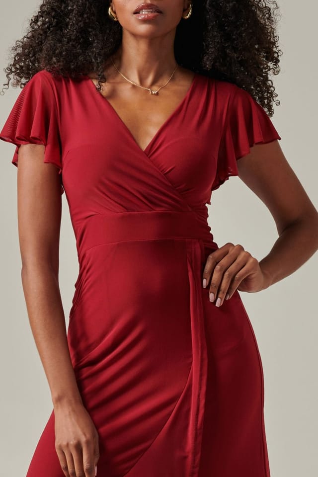 Jolie Moi Jolie Moi Women's Plain Wrap Mesh Maxi Dress in Burgundy - 3