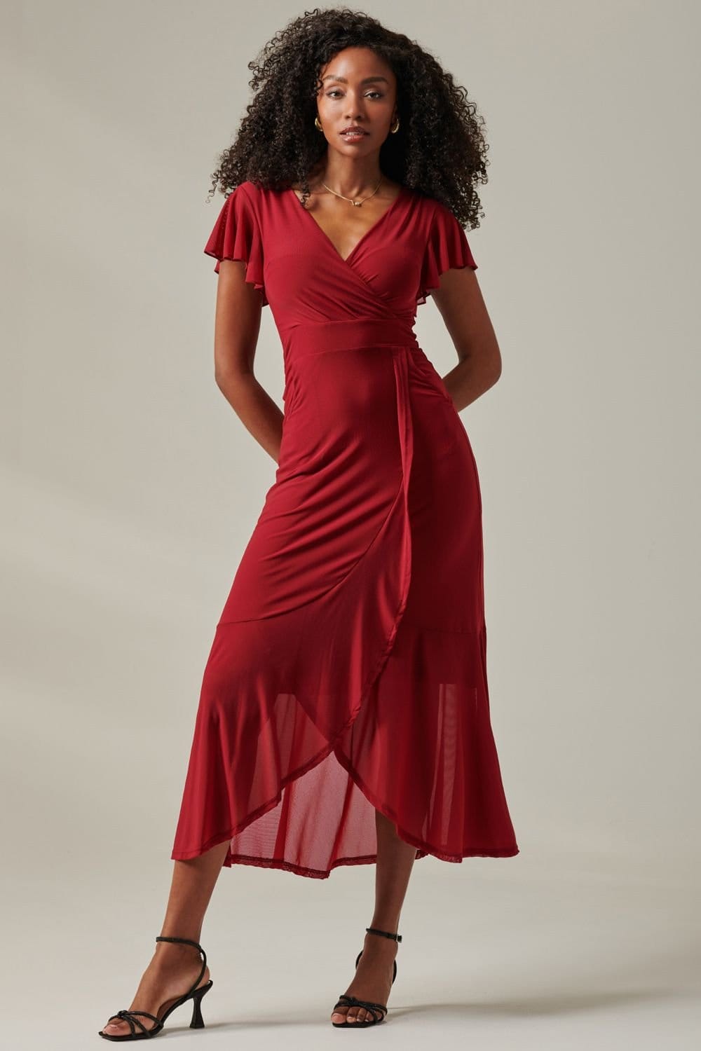 Jolie Moi Jolie Moi Women's Plain Wrap Mesh Maxi Dress in Burgundy - 4