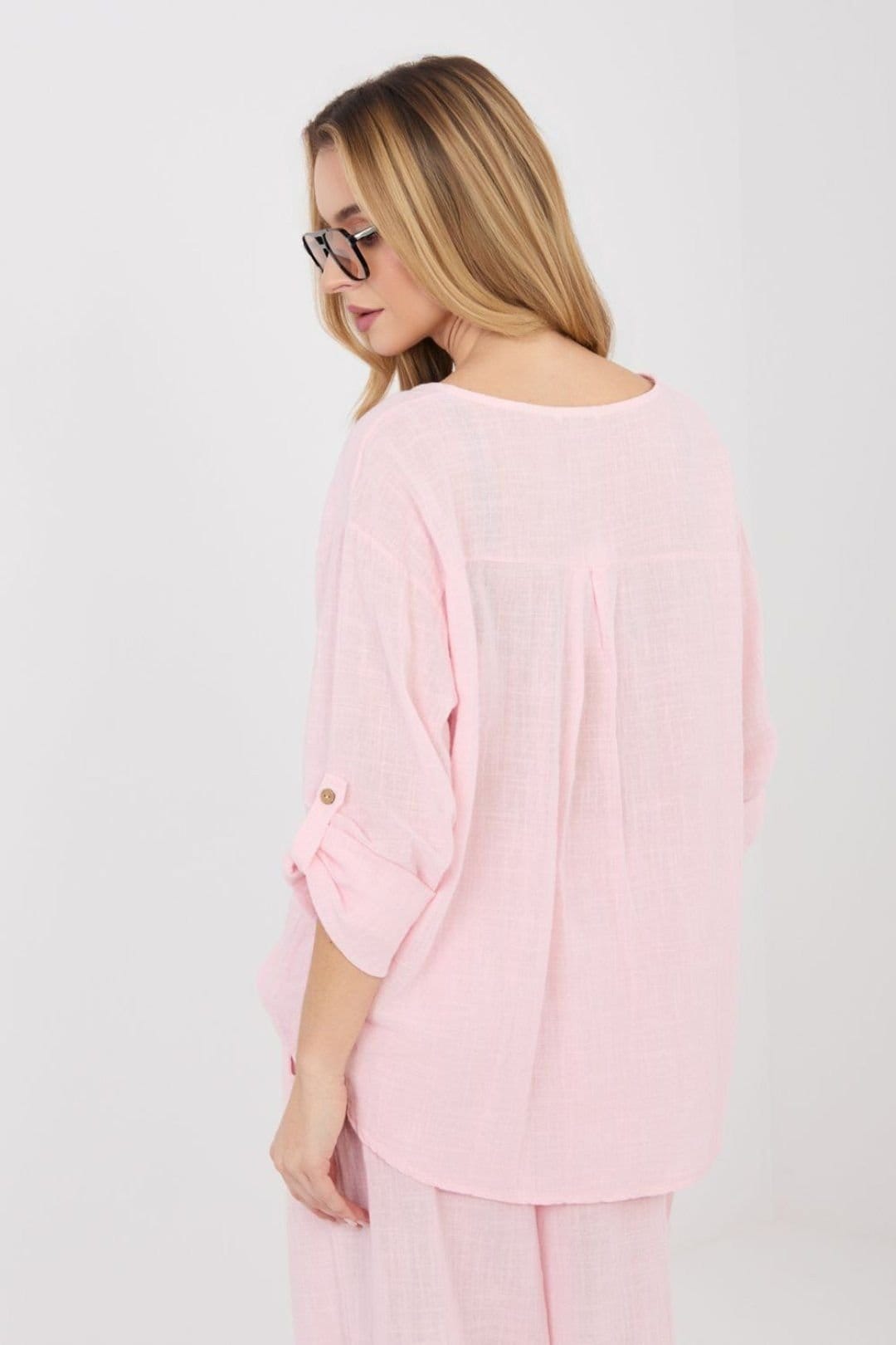 Love Lace Love Lace Women's Cotton V Neck Long Sleeve Blouse in Pink - 4