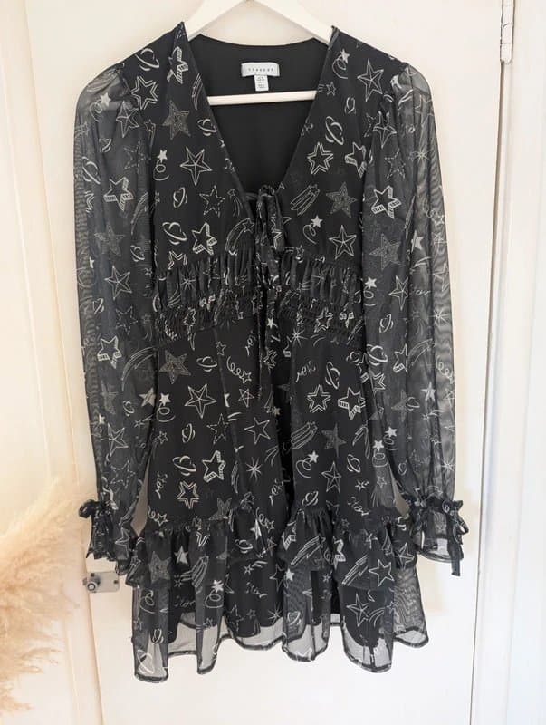 Topshop Topshop Black Star Print Mesh Long Sleeve Mini Dress - UK 8 | Whimsigoth Celestial