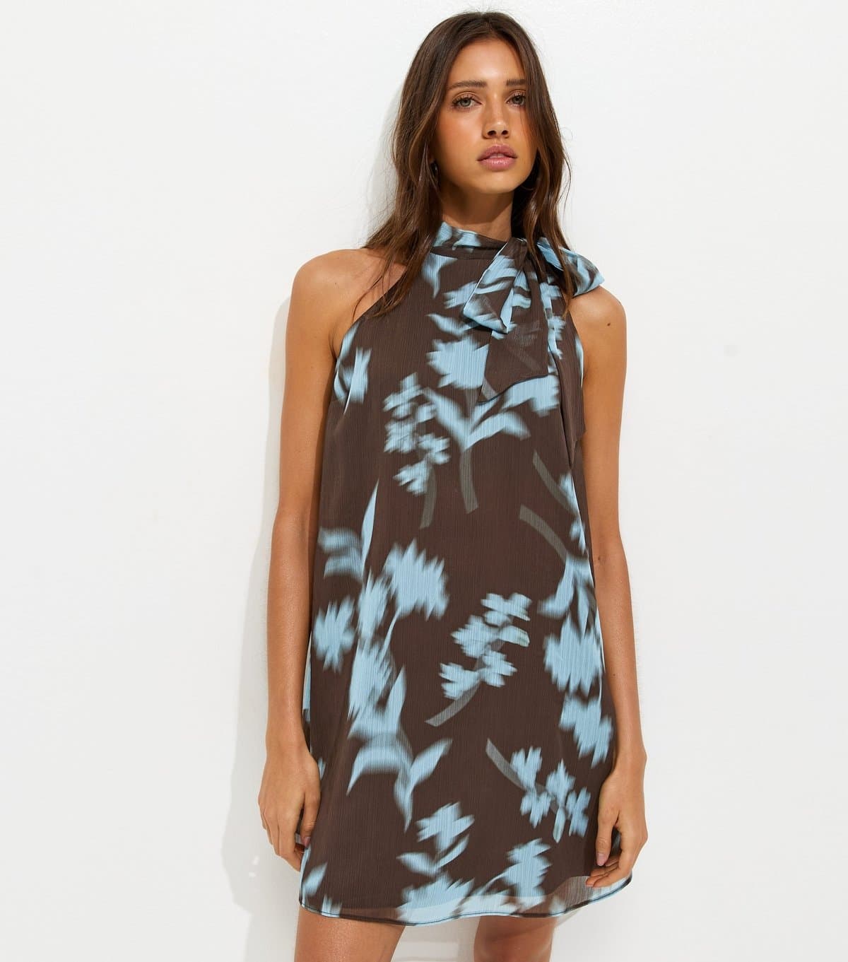 New Look Women's Brown Chiffon Floral Halter Neck Mini Dress New Look