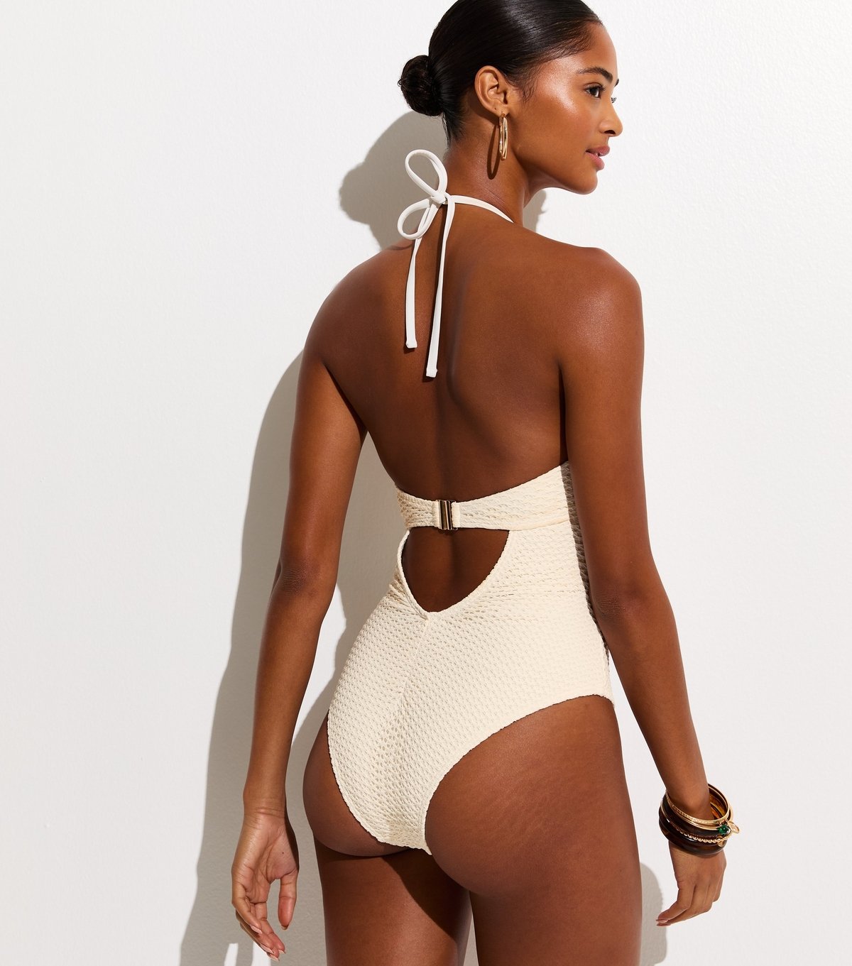 New Look Women's Off White Tummy Control Crochet Halter Neck Swimsuit New Look - 4