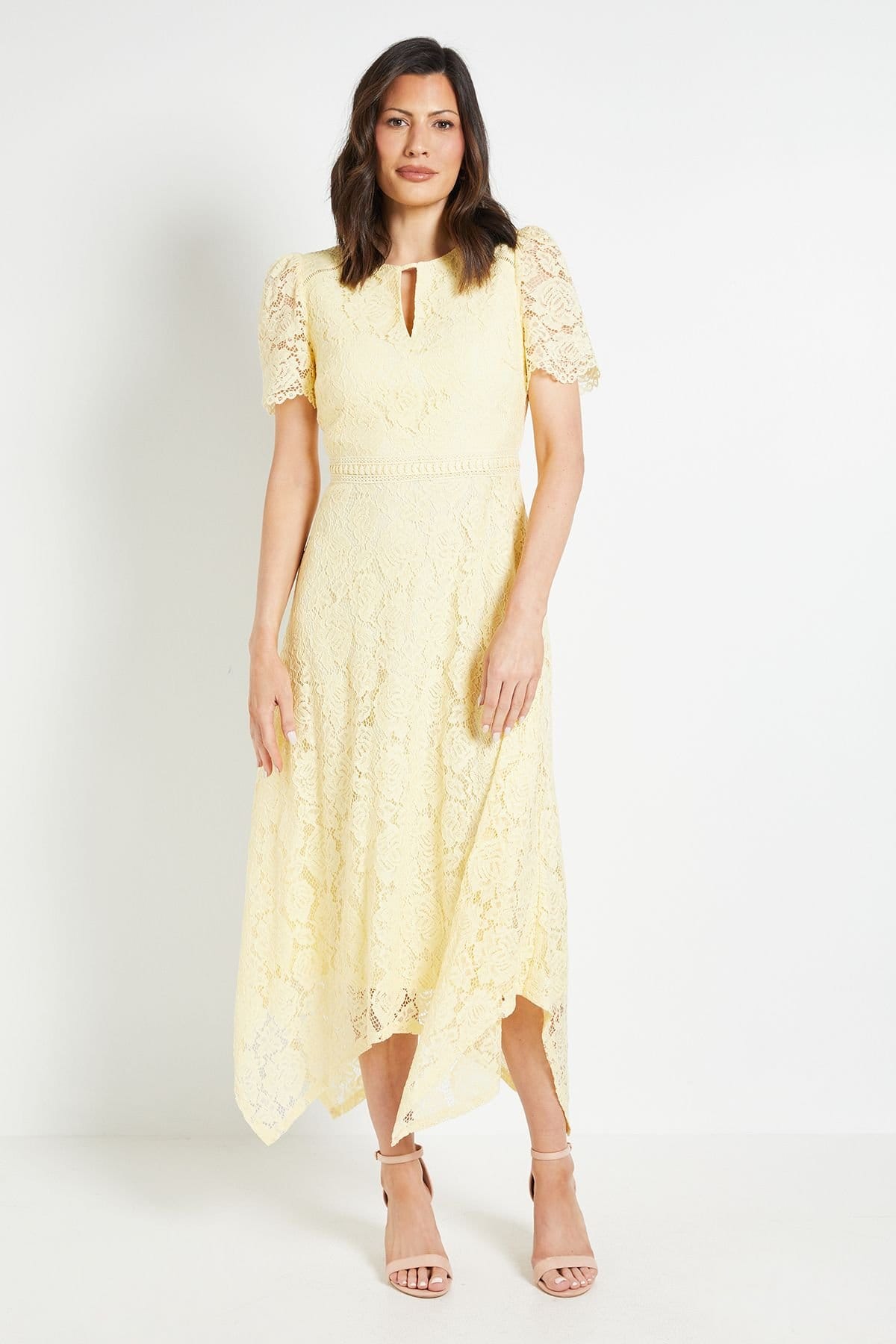 Wallis Yellow Lace Midi Dress with Hanky Hem
