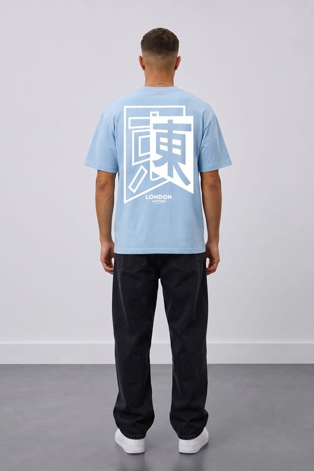 LONDON ATTITUDE LONDON ATTITUDE Men's Japanese Inspired Premium Cotton Relaxed Fit T-Shirt in Light Blue - 3