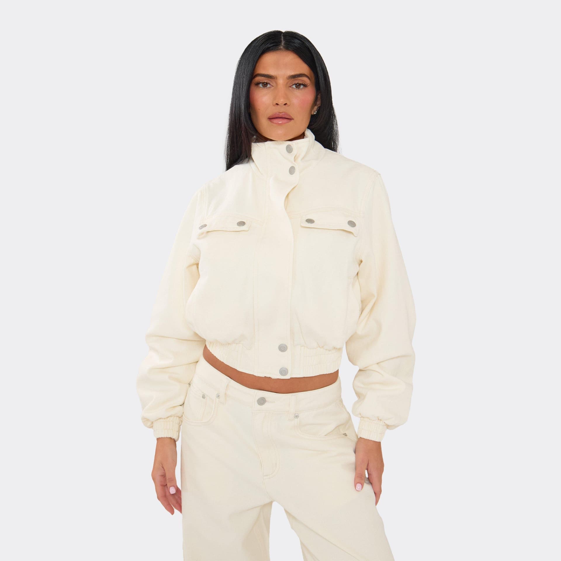 EGO Long Sleeve Oversized Funnel Neck Jacket In Ecru Denim, Women's Size UK 6