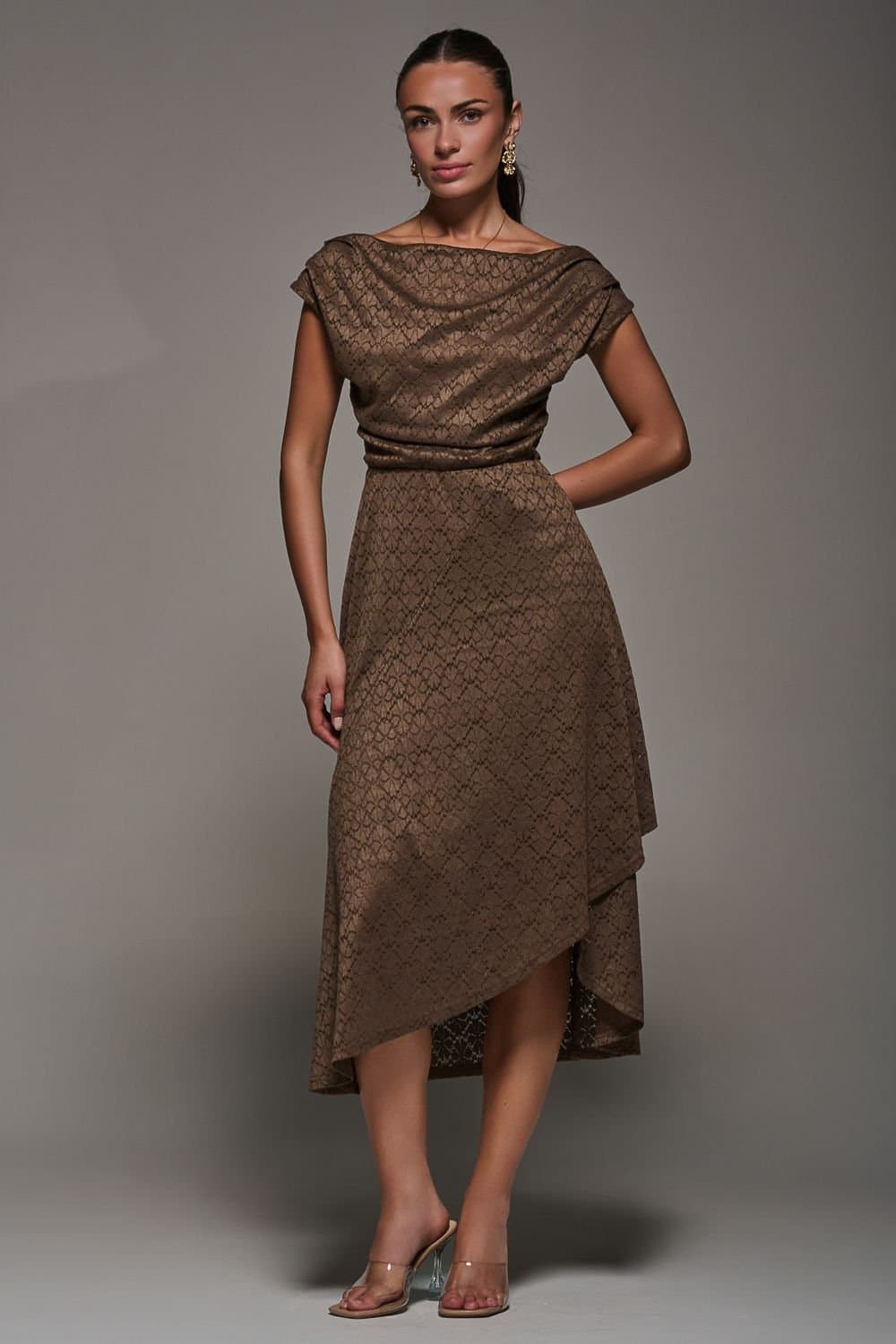 Jolie Moi Jolie Moi Women's Textured Asymmetrical Draped Midaxi Dres in Brown