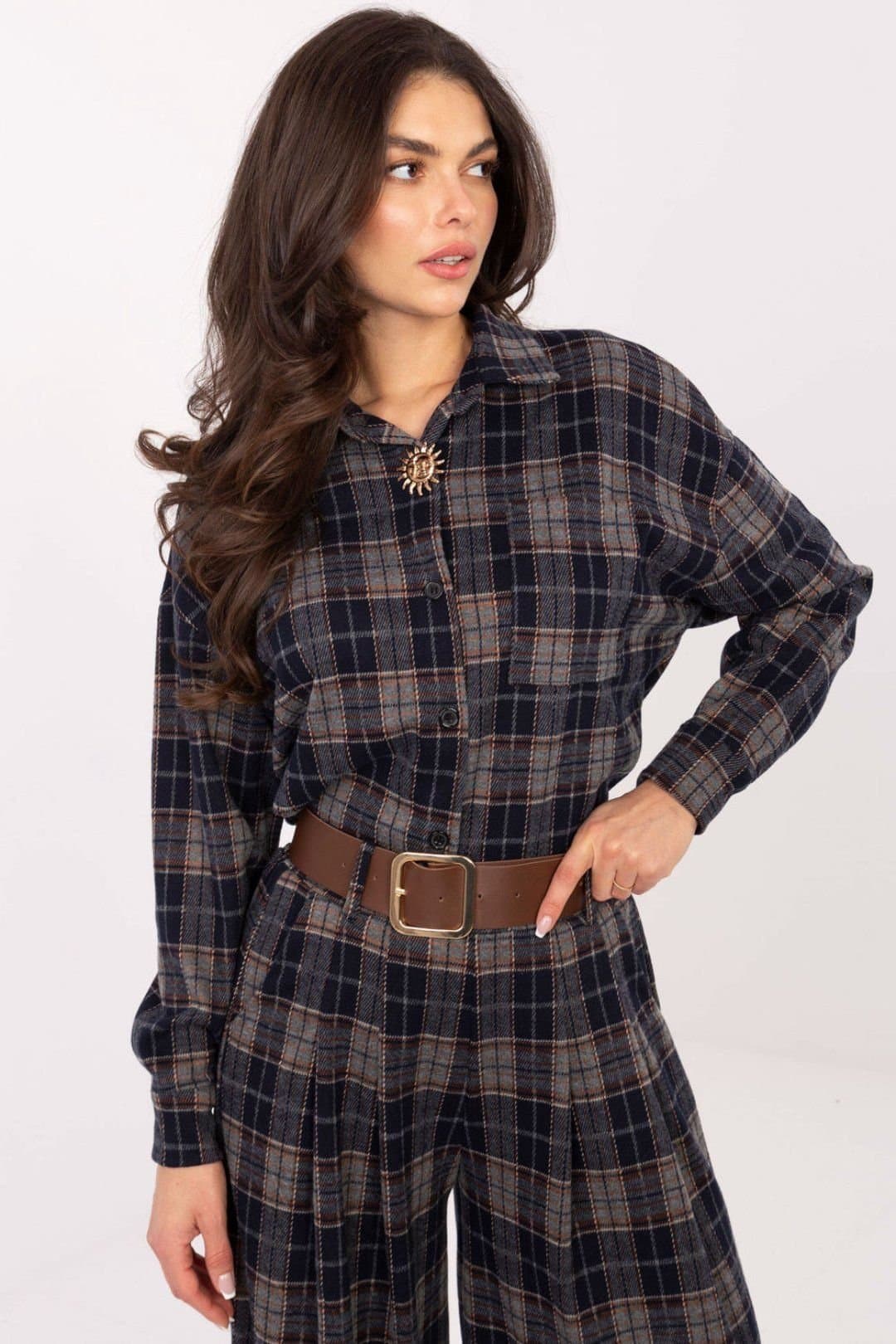 Love Lace Love Lace Women's Checkered Flannel Long Sleeve Shirt with Brooch in Blue