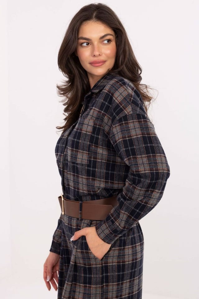 Love Lace Love Lace Women's Checkered Flannel Long Sleeve Shirt with Brooch in Blue - 2