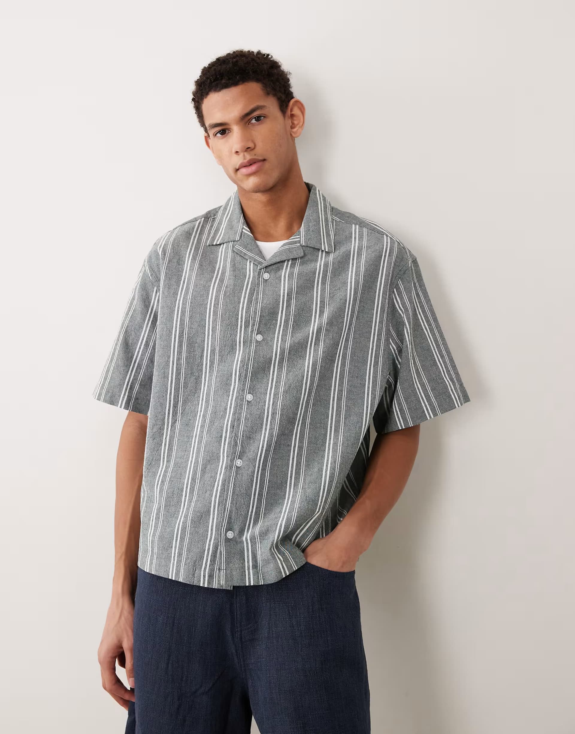 ASOS ASOS DESIGN boxy oversized linen look stripe shirt in dark green