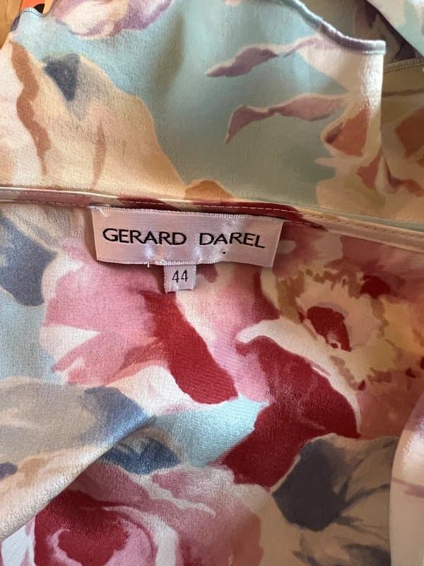 Gerard Darel Gerard Darel Womens Blue Pink Floral Silk Ruffle Summer Wrap Blouse Sz 44 UK 16