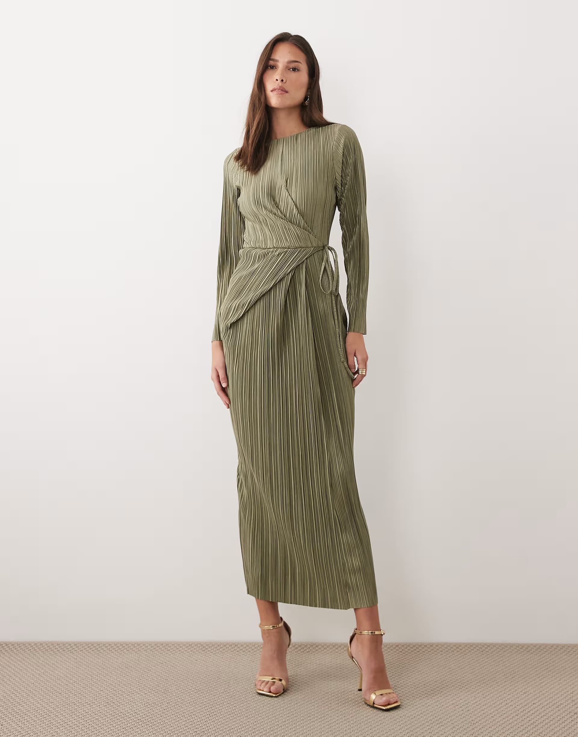 ASOS ASOS DESIGN plisse long sleeve wrap tie waist maxi dress in khaki