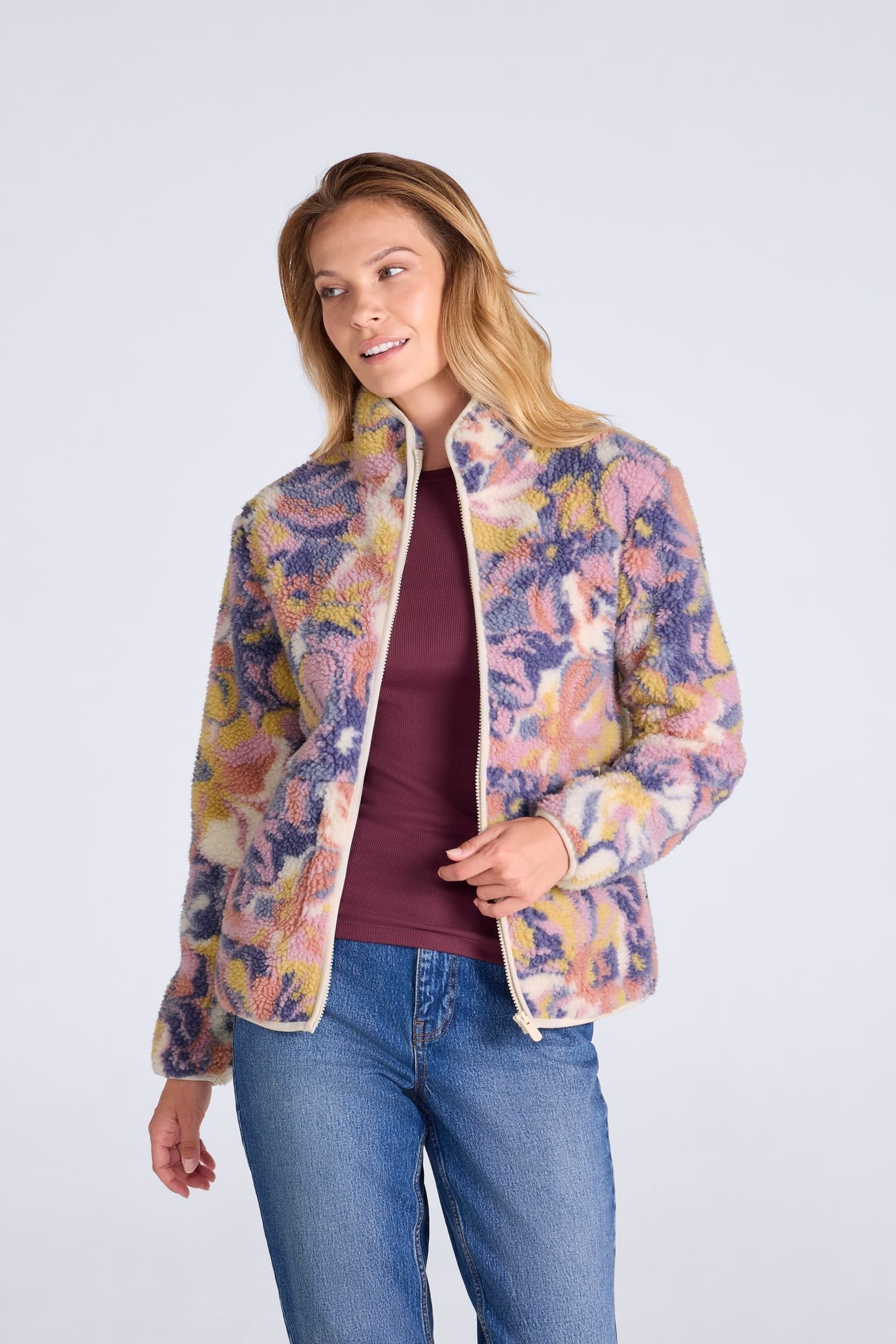 Animal Animal Women's 'Hennie' Printed Funnel Neck Zipped Pockets Warm & Cosy Borg Jacket in Pale Pink