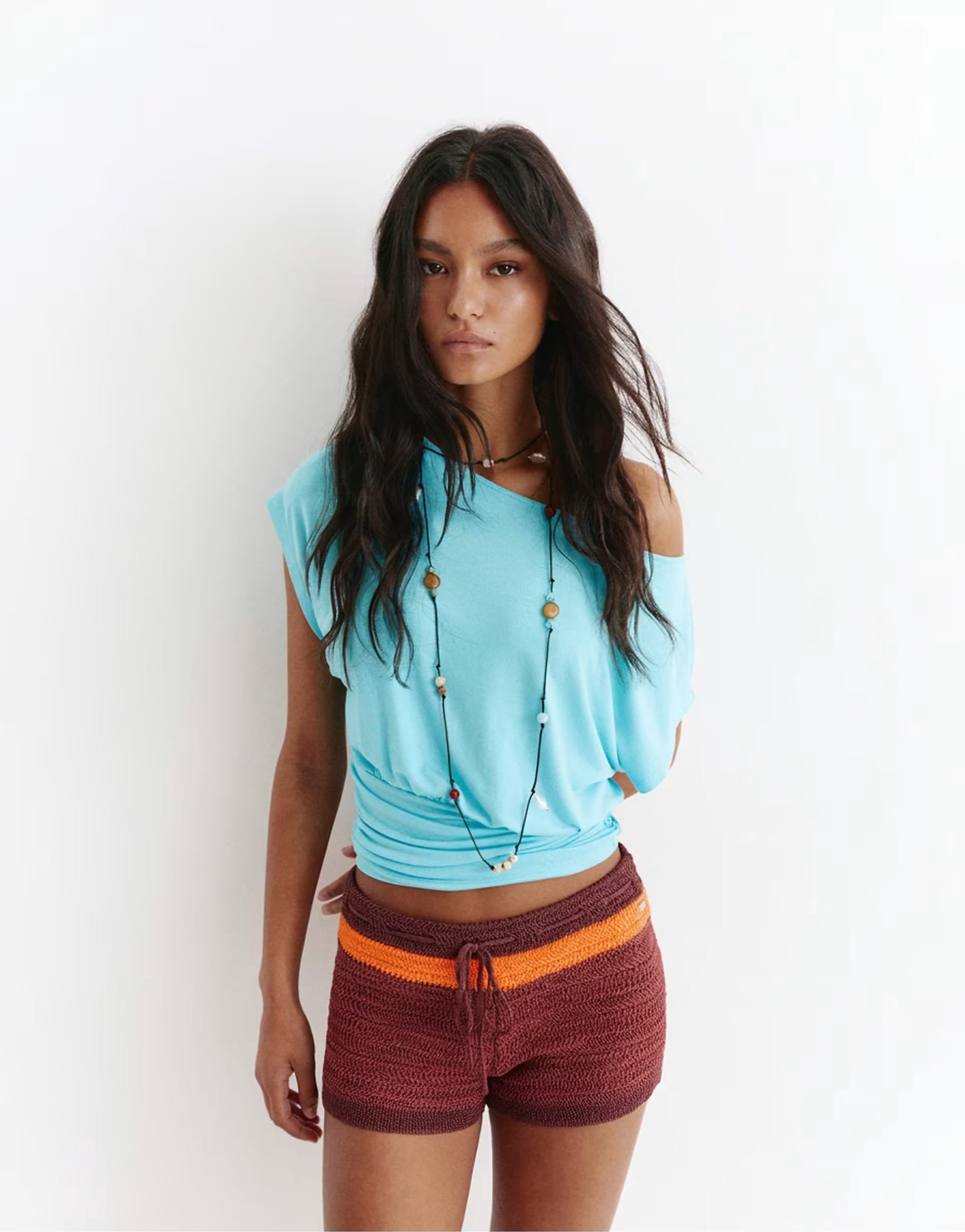 Pull&Bear Brown Striped Crochet Knit Shorts