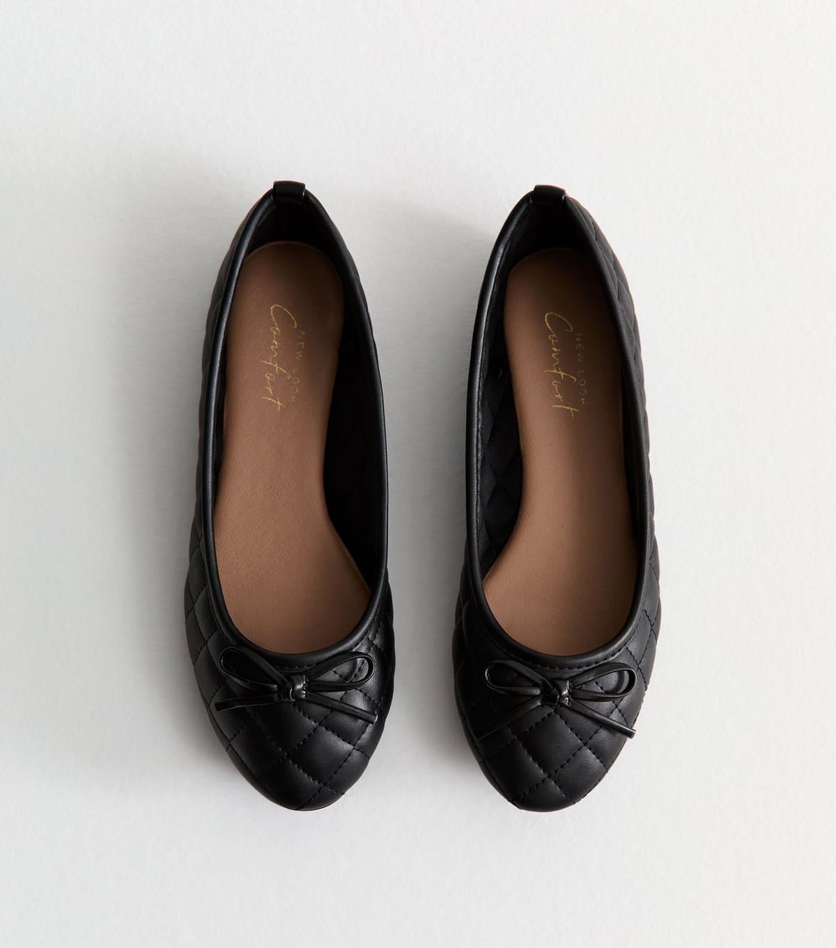New Look Women's Black Quilted Faux Leather Ballet Flats Vegan New Look