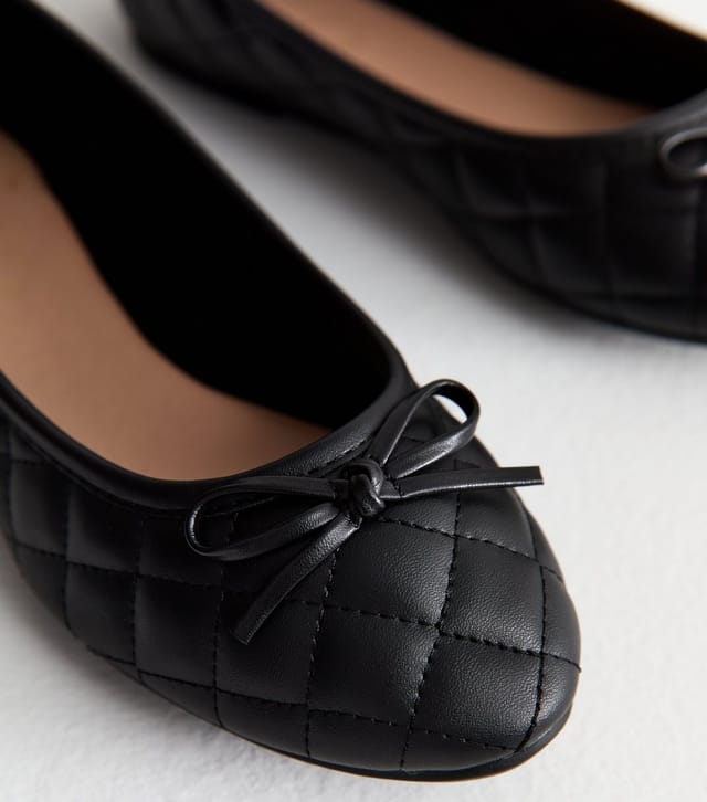 New Look Women's Black Quilted Faux Leather Ballet Flats Vegan New Look - 3