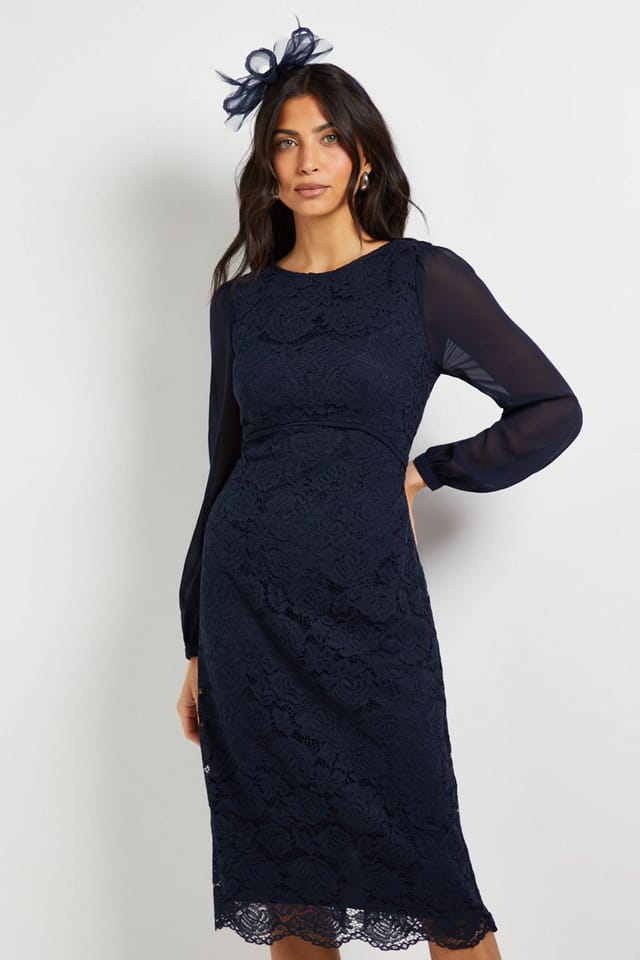 Wallis Wallis Women's Lace Chiffon Cowl Back Pencil Dress in Navy - 2