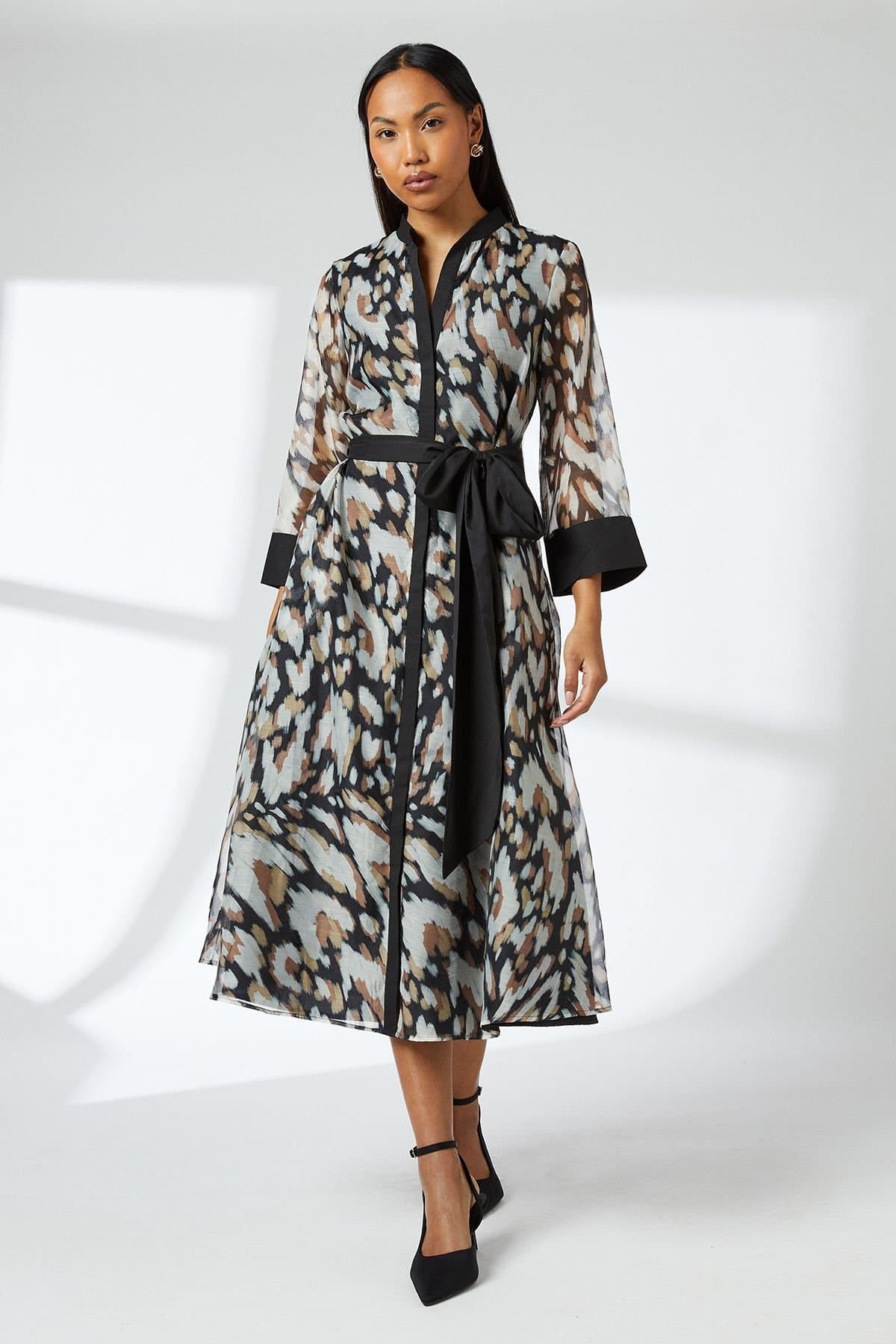Principles Principles Women's Belted Contrast Detail Collarless Shirt Dress in Black