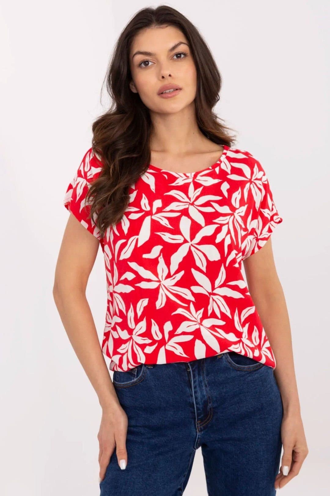 Love Lace Love Lace Women's Natural Viscose Casual Round Neck Blouse in Red